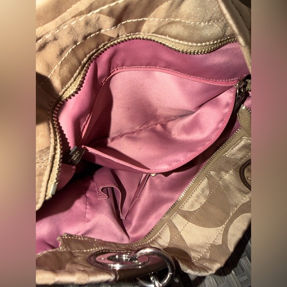 Coach Signature Stripe Khaki Satin Tote Bag Brown Leather Trim Style 14449 - Picture 7 of 16